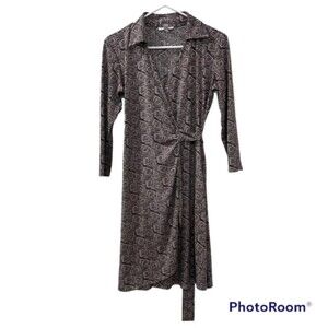 London Times Petites Brown Geometric Print 3/4 Sleeves Mock Wrap Dress Size 8P